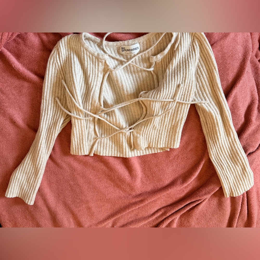 No Boundaries Ribbed Knit Tie-Front Sweater - Cream